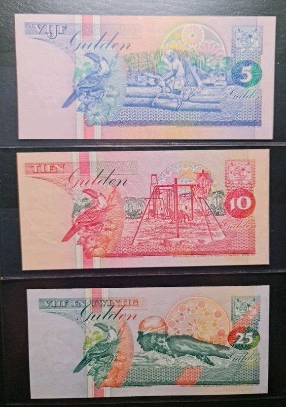 🇸🇷 Set Suriname 5, 10 & 25 Gulden – UNC verzamelbiljetten, Ophalen of Verzenden, Zuid-Amerika, Setje