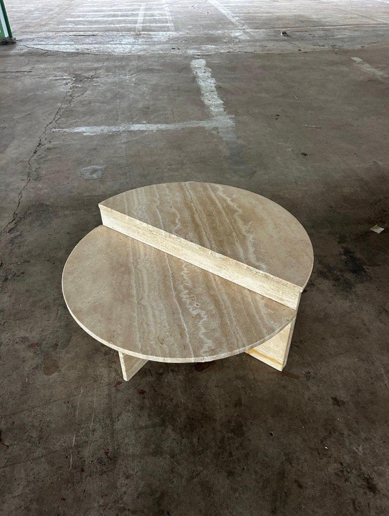 Up en up salontafel travertin, Huis en Inrichting, Tafels | Salontafels, Overige materialen, Gebruikt, 100 tot 150 cm, Rond