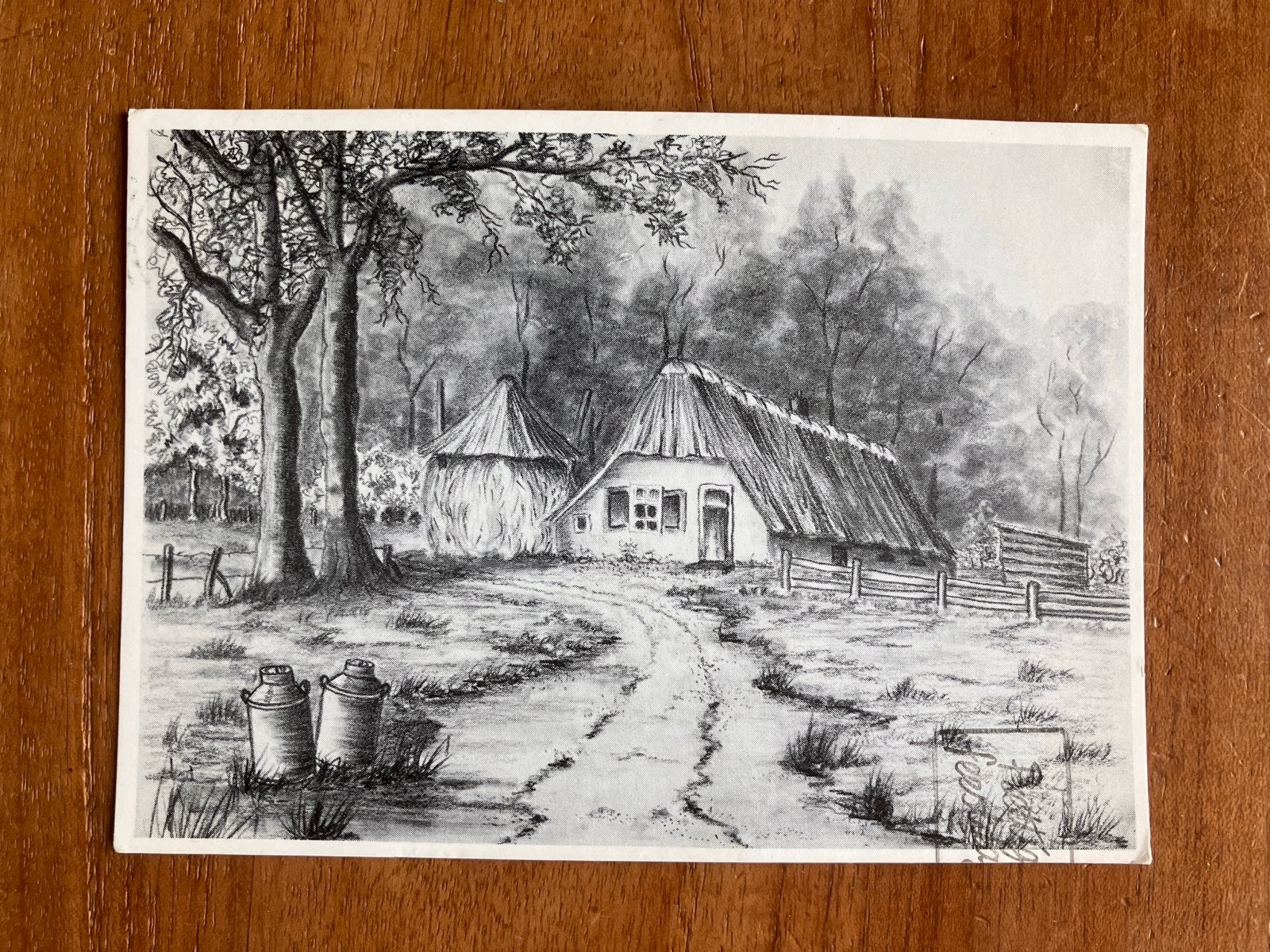 Boerderij met hooiberg en melkbussen. Jenny Eleveld-Withaar, Ophalen of Verzenden, 1960 tot 1980, Gelopen, Gelderland