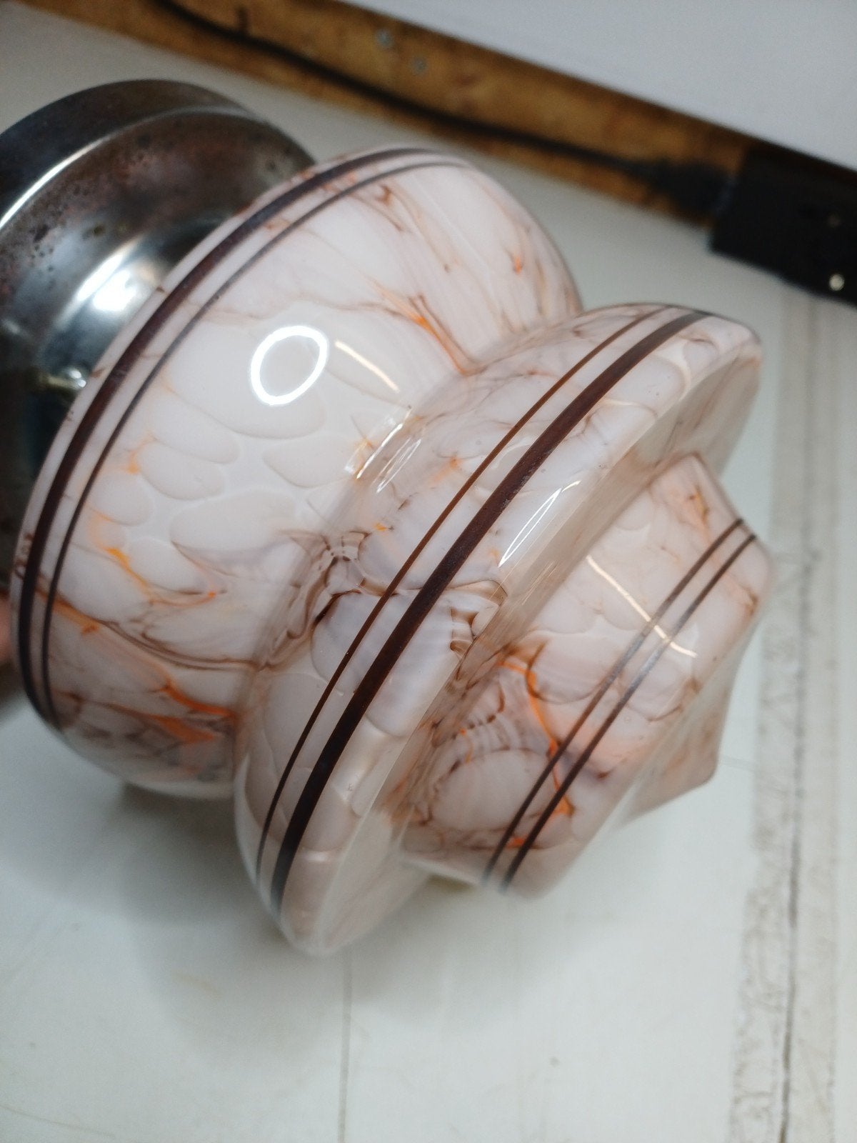 Art Deco Plafonnière met Roze Oranje Gemarmerd Glas, Ophalen of Verzenden