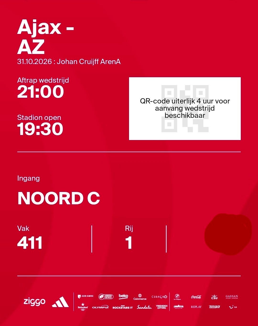 Ajax - AZ 1 kaart in vak 411 rij 1, Tickets en Kaartjes, Eén persoon, Oktober