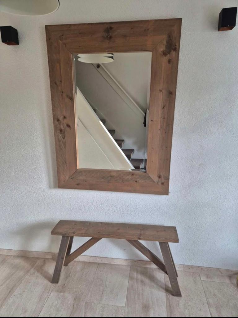 Handgemaakte spiegel, bankje en kapstok, Huis en Inrichting, Woonaccessoires | Kapstokken, Zo goed als nieuw, Minder dan 100 cm