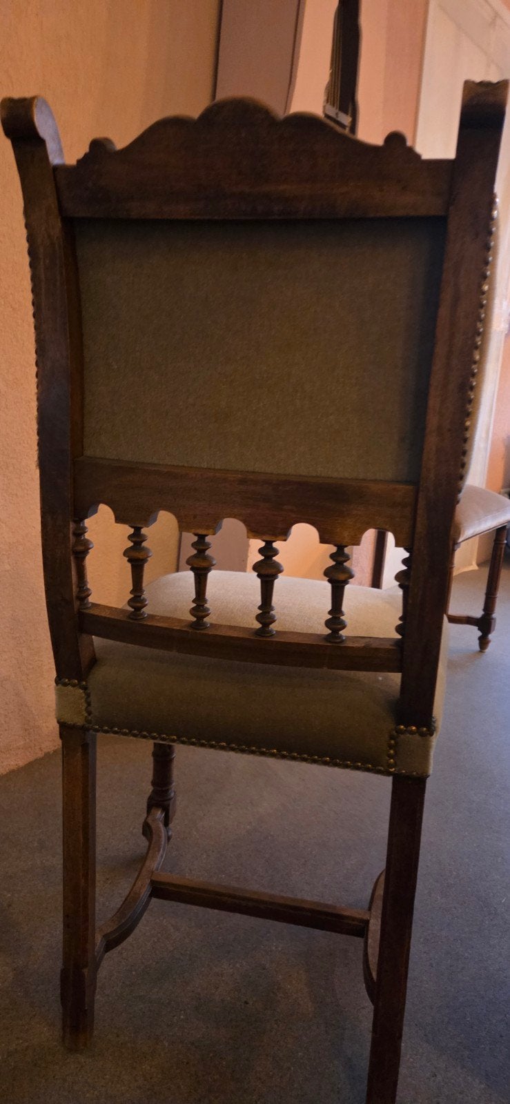 Set van 6 antieke stoelen met groene bekleding, Ophalen of Verzenden