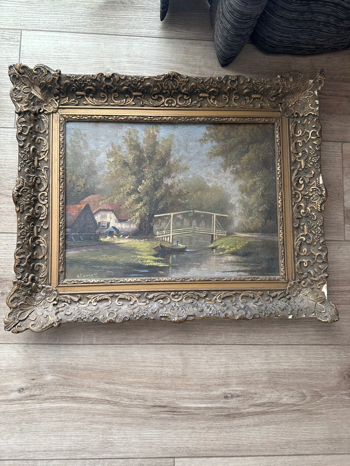 2 Schilderijen van H. Sanders - Landschap met brug en huis, Antiek en Kunst, Doek, Ophalen of Verzenden, Gesigneerd, Landschap