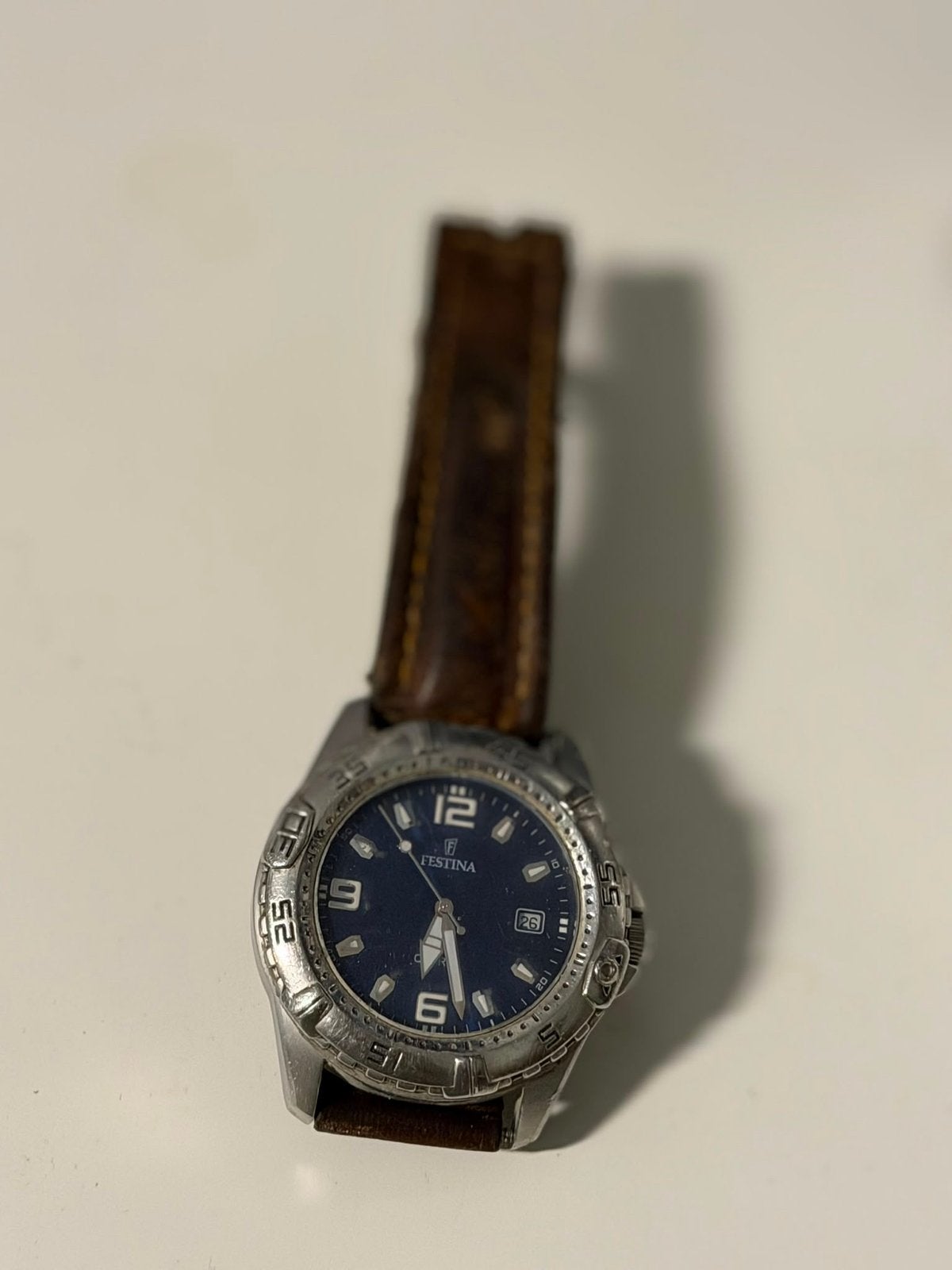 Festina Herenhorloge met Donkerblauwe Wijzerplaat en Leer, Overige merken, Staal, Polshorloge, Ophalen of Verzenden