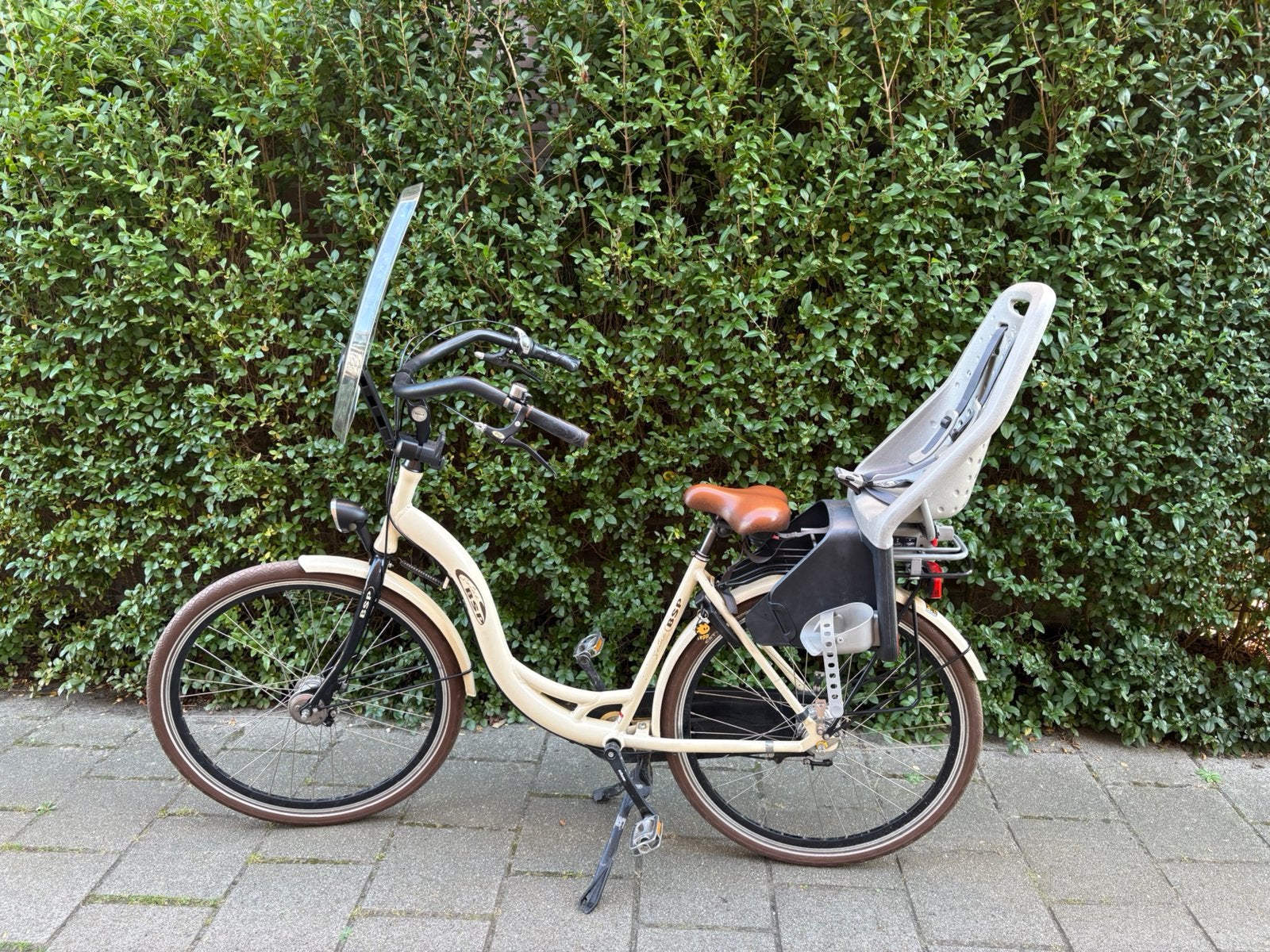 BSP moederfiets met Thule Yepp achterzitje en windscherm, Fietsen en Brommers, Gebruikt, Dubbele standaard, 1 zitje, Ophalen