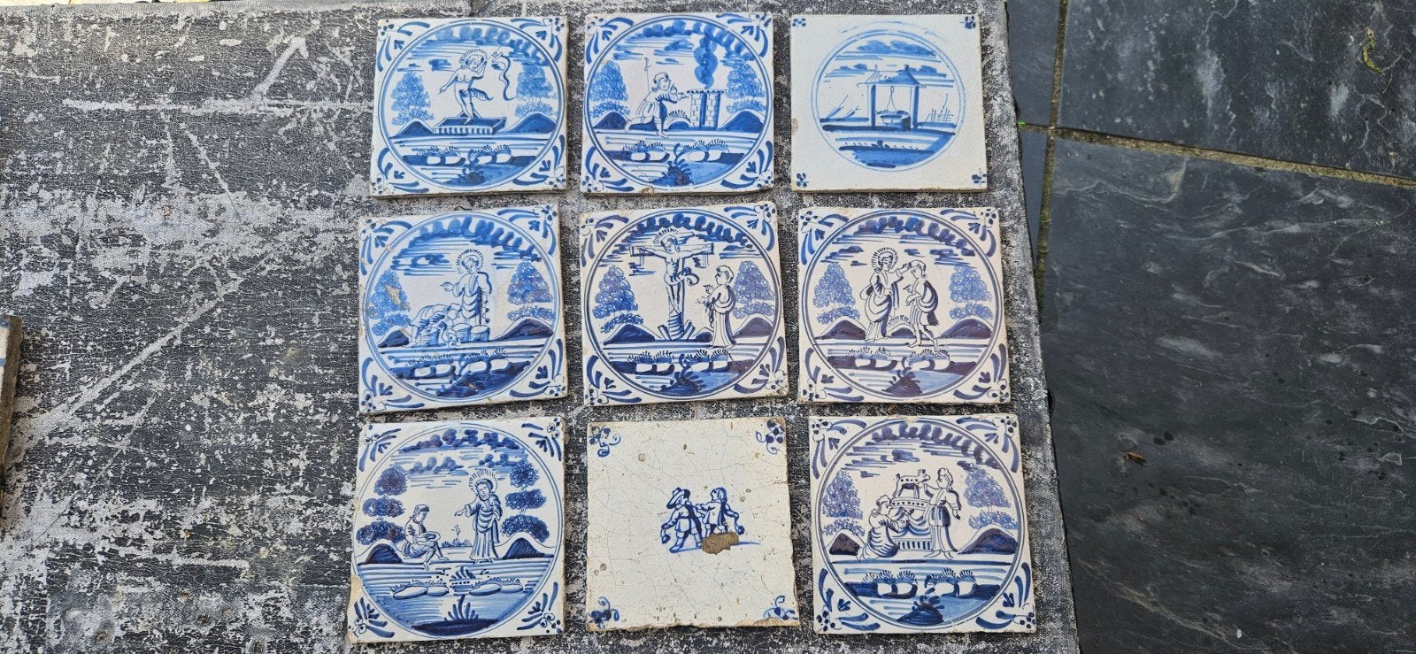 Antieke Delftse Blauwe Tegels met Bijbelse Scènes, Antiek en Kunst, Ophalen of Verzenden