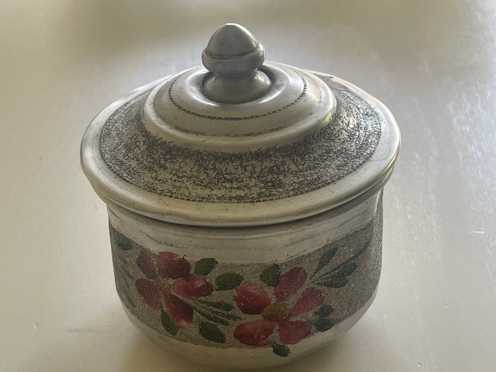 Vintage tinnen potje met bloemmotief en deksel, Ophalen of Verzenden