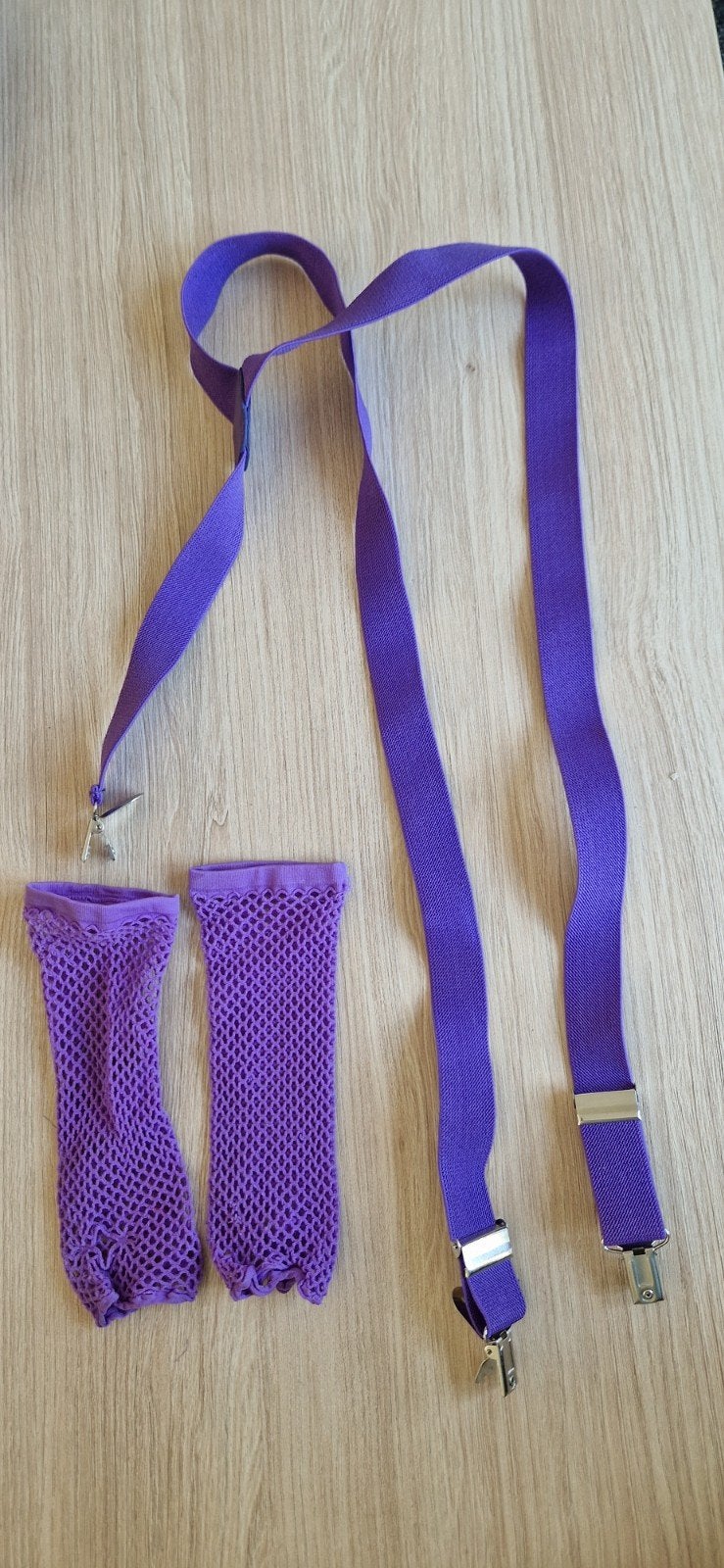 Paarse bretels en vingerloze handschoenen set, Carnaval, Accessoires, Ophalen, Maat 38/40 (M)
