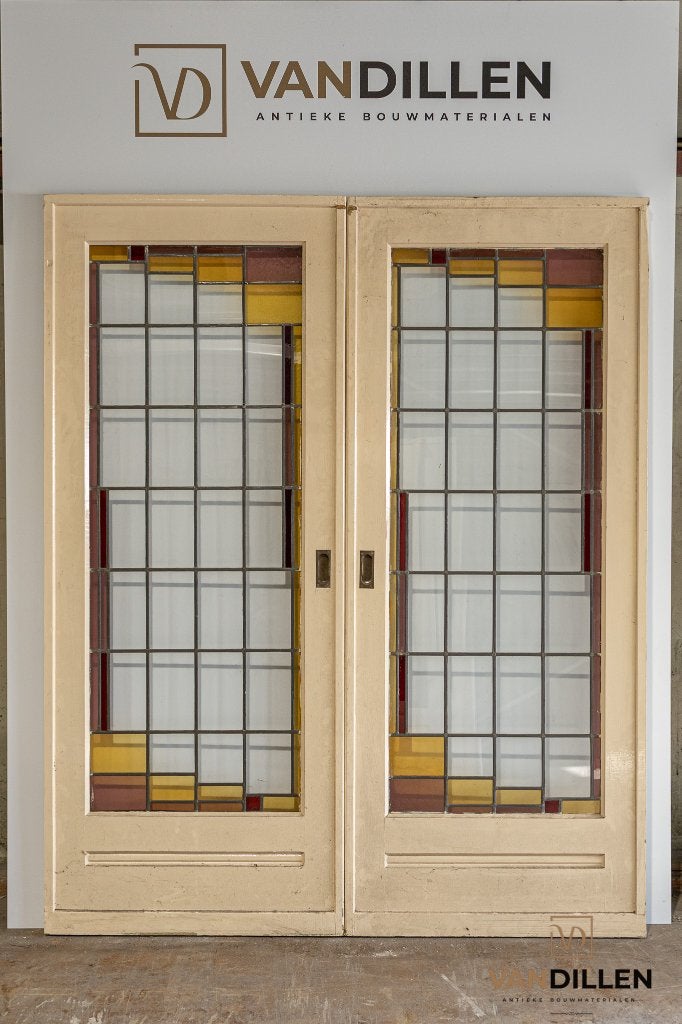 Oude ensuite schuifdeuren kleur glas in lood GAAF!, 120 cm of meer, Binnendeur, Ophalen of Verzenden, Zo goed als nieuw