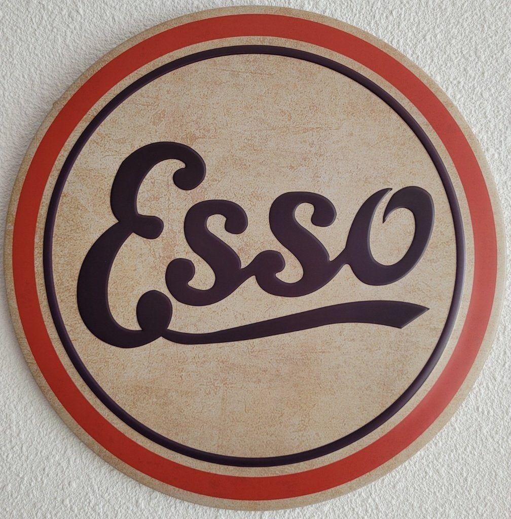 Esso logo reclamebord van metaal rond wandbord decoratie, Reclamebord, Info@deconoord.nl, Deco Noord, Nieuw