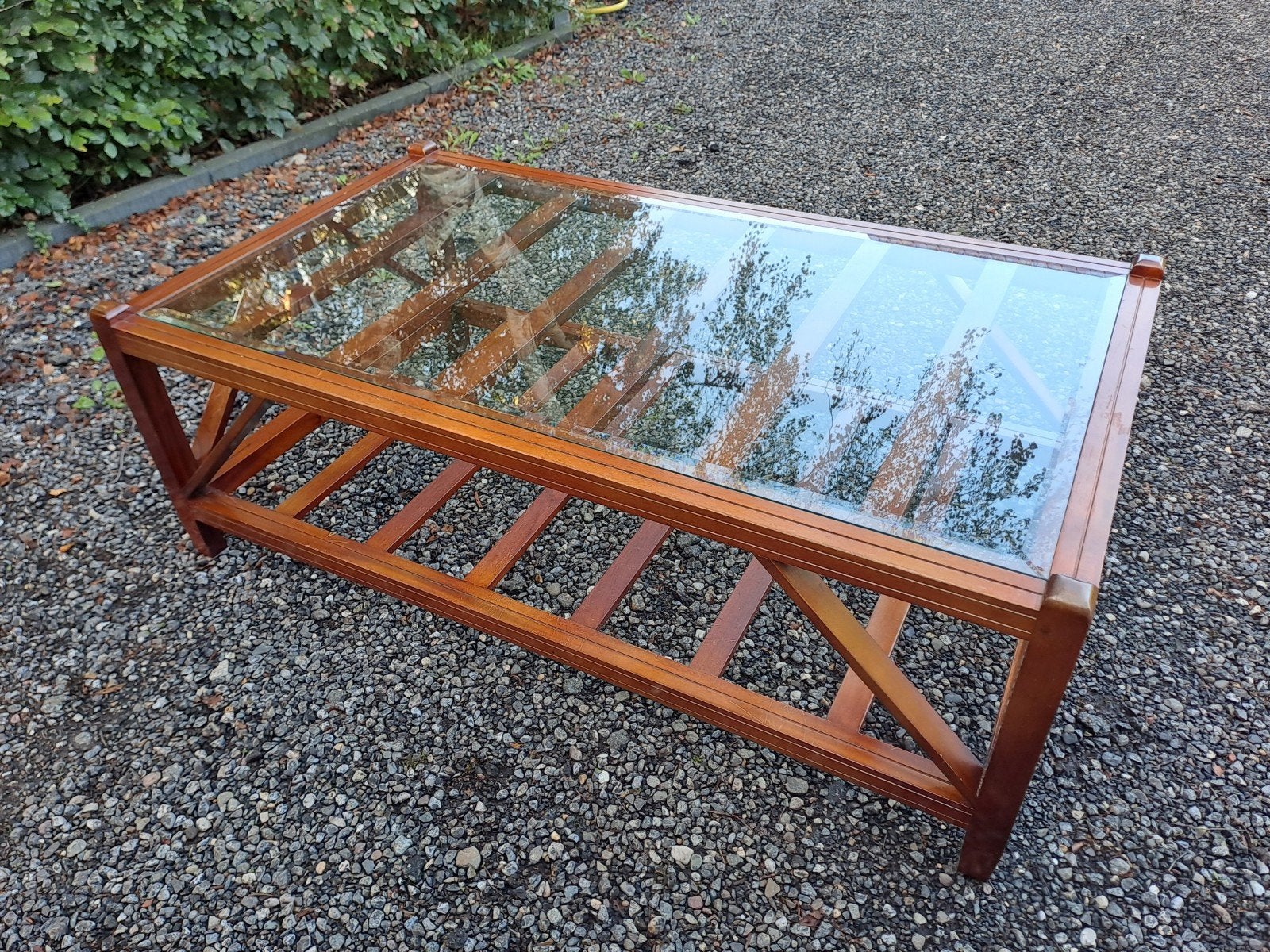 Salon tafel met glazen plaat, Ophalen, Gebruikt, 100 tot 150 cm, Overige houtsoorten