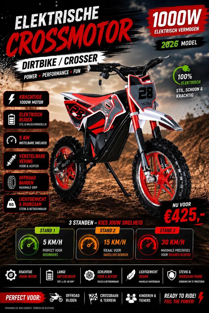 1000 wat Elektrische Crossmotor crosser dirtbike, Ophalen of Verzenden, Zo goed als nieuw