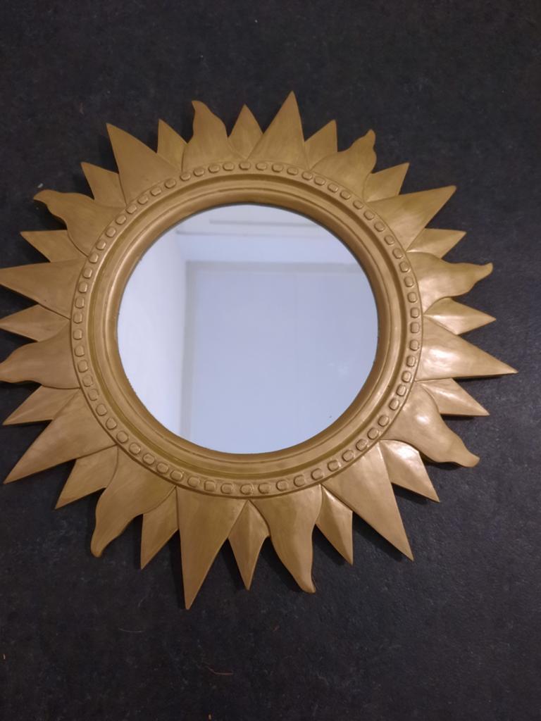 Zonnespiegel ronde spiegel spiegeltje goud brocante, Ophalen, Minder dan 50 cm, Gebruikt, Rond