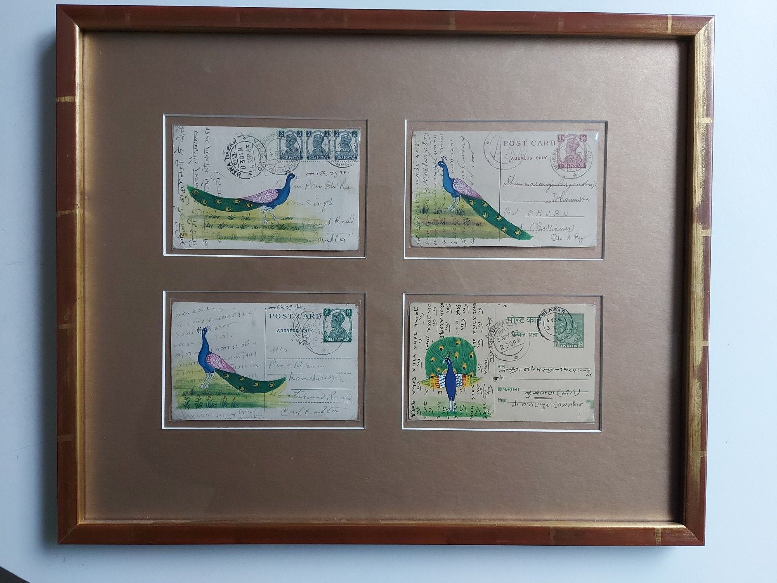 4 vintage miniatuurschilderijtjes ansichtkaarten lijst India, India, Ophalen of Verzenden