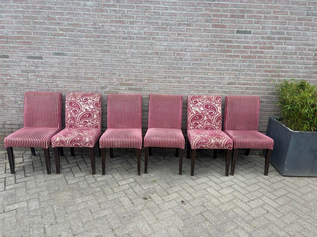 Set van 6 roze eetkamerstoelen, gestreept en paisley, Huis en Inrichting, Stoelen, Ophalen, Gebruikt, Overige kleuren, Stof