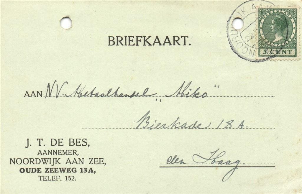J.T. de Bes, Aannemer, Noordwijk aan Zee - 09.1932 - briefka, Ophalen of Verzenden, Briefkaart