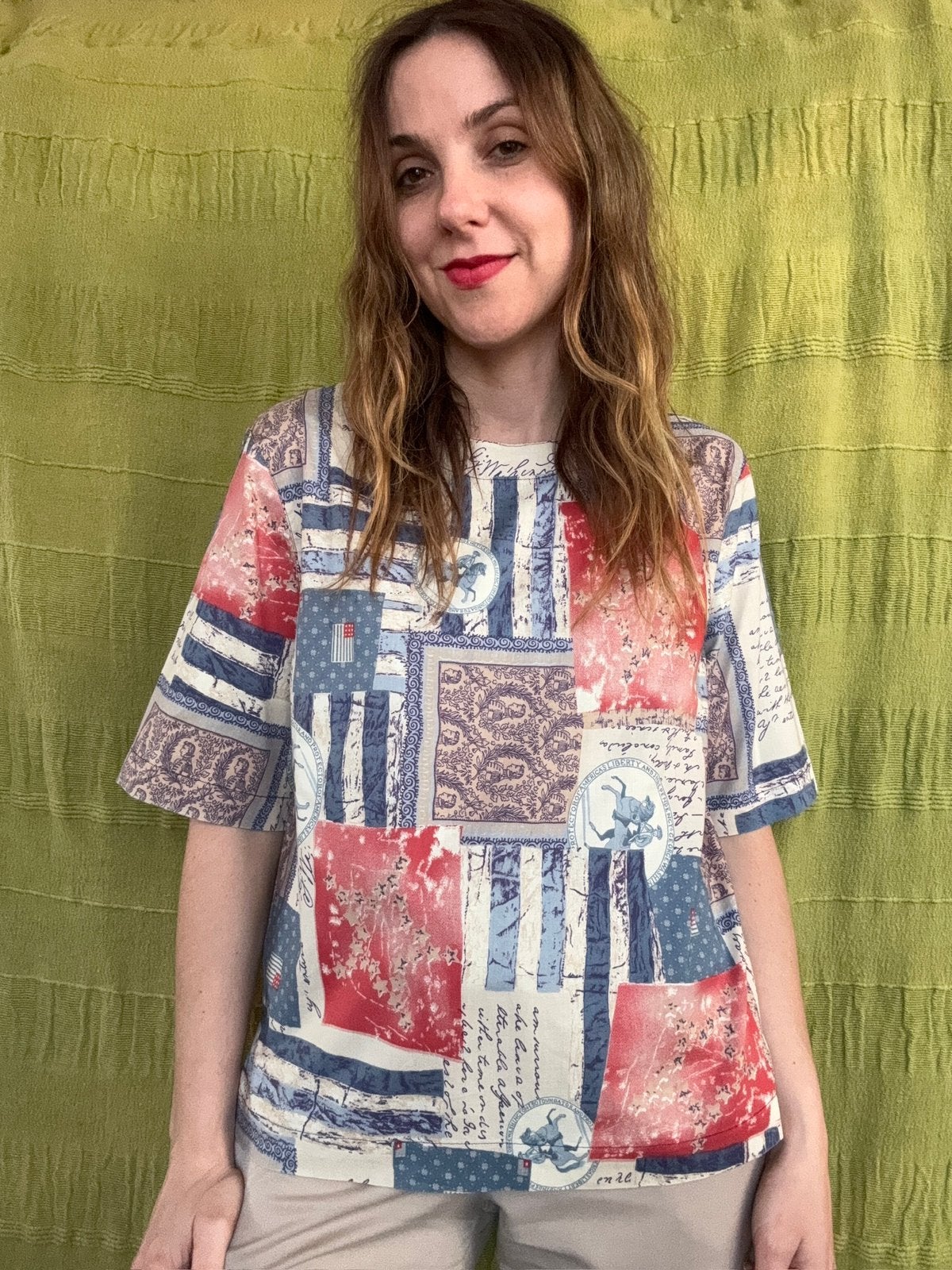 Vintage top - print - roze / blauw - 90s - 38/M, Maat 38/40 (M), Hgv, Hgv, Ophalen of Verzenden