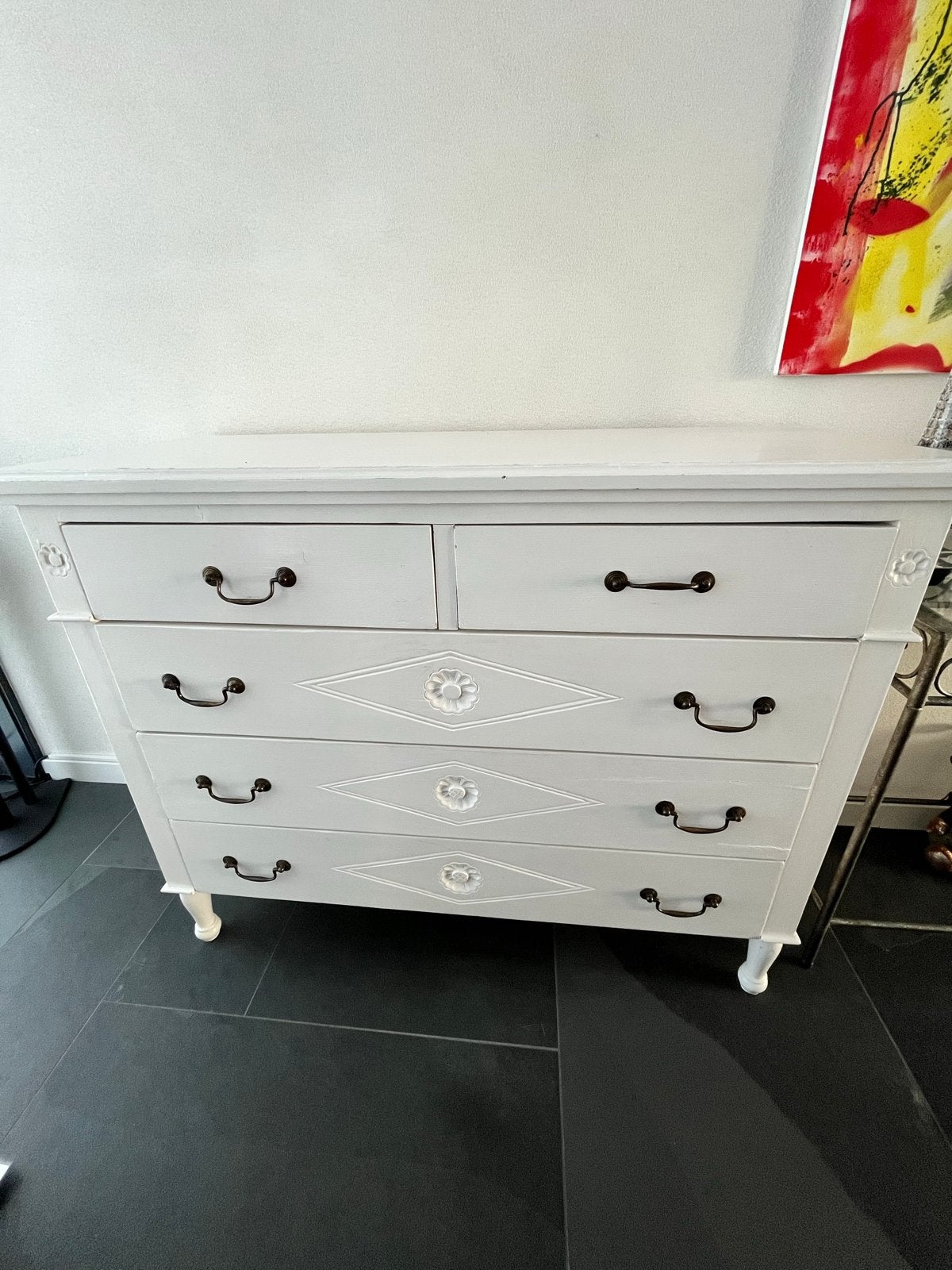 Antieke ladekast met bloemmotief - Wit, Ophalen, Gebruikt, 100 tot 150 cm, Met lade(s)