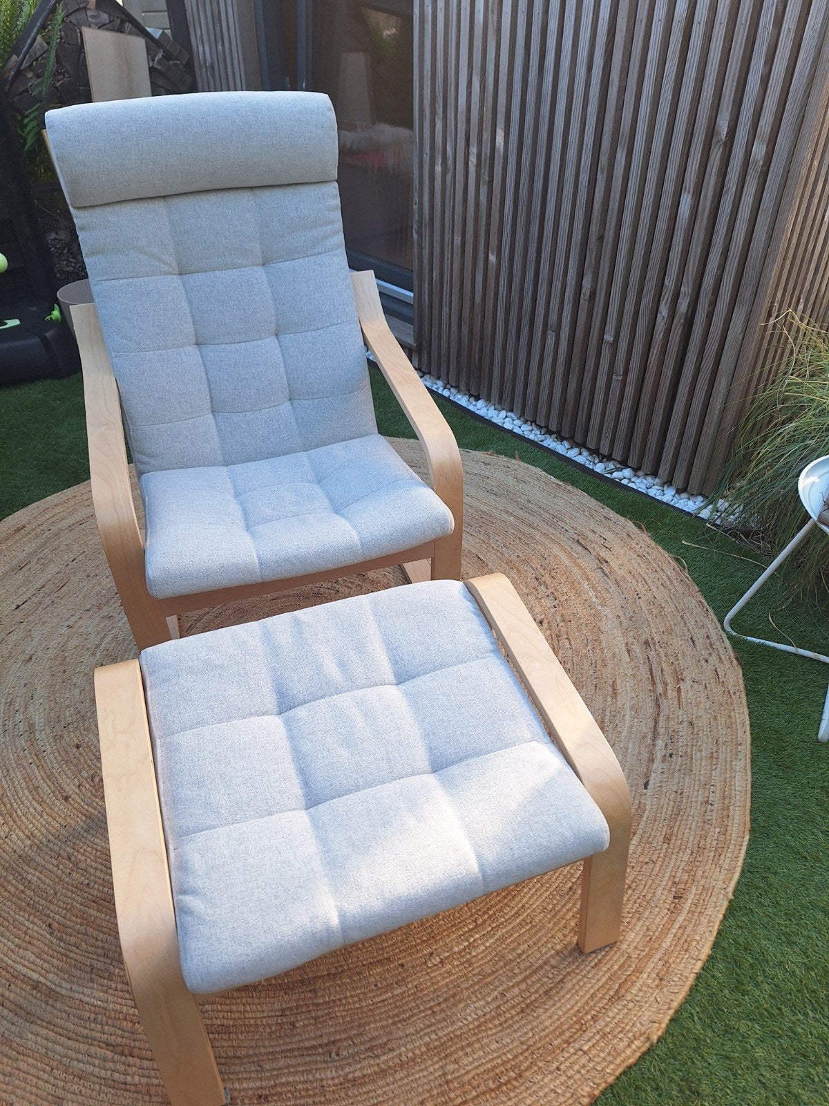 Ikea Poang fauteuil berkenfineer/grijs met voetenbank, Ophalen, Zo goed als nieuw, Hout