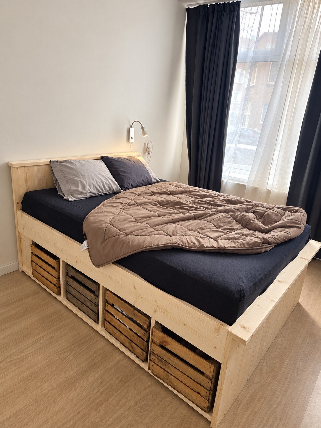 Prachtig bed met opbergruimte van fruitkistjes, Ophalen, Gebruikt, Overige kleuren, Tweepersoons