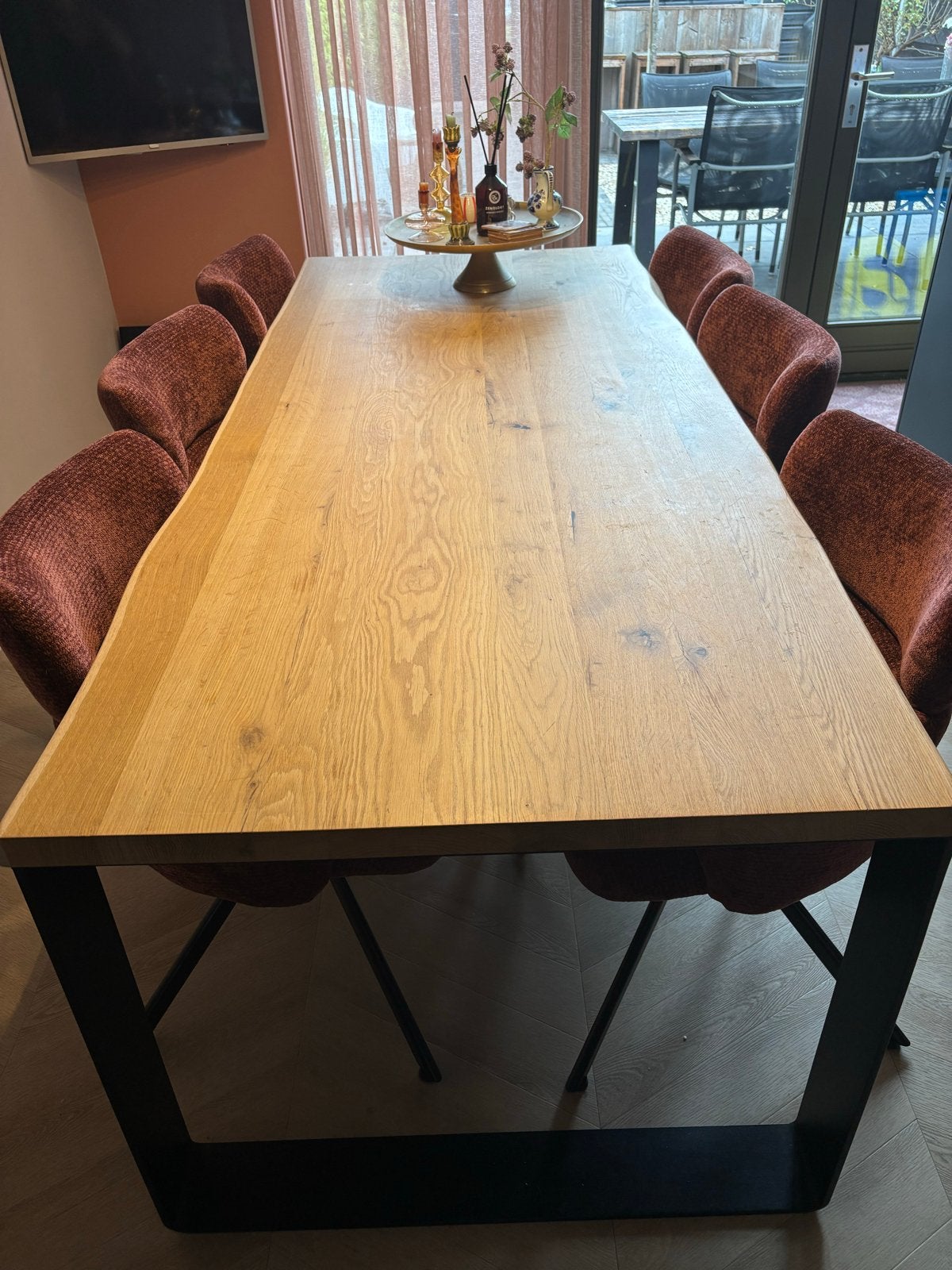 Robuuste eettafel 220 x 90 cm eikenhout, metalen onderstel, Huis en Inrichting, Tafels | Eettafels, Ophalen, Eikenhout, 200 cm of meer
