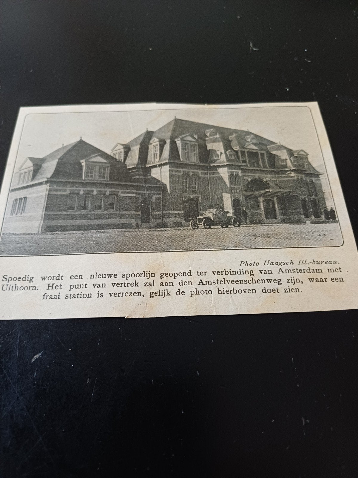 knipsel spoorlijn Amsterdam Uithoorn  station 1915, Verzamelen, Spoorwegen en Tramwegen, Ophalen of Verzenden, Gebruikt, Tram
