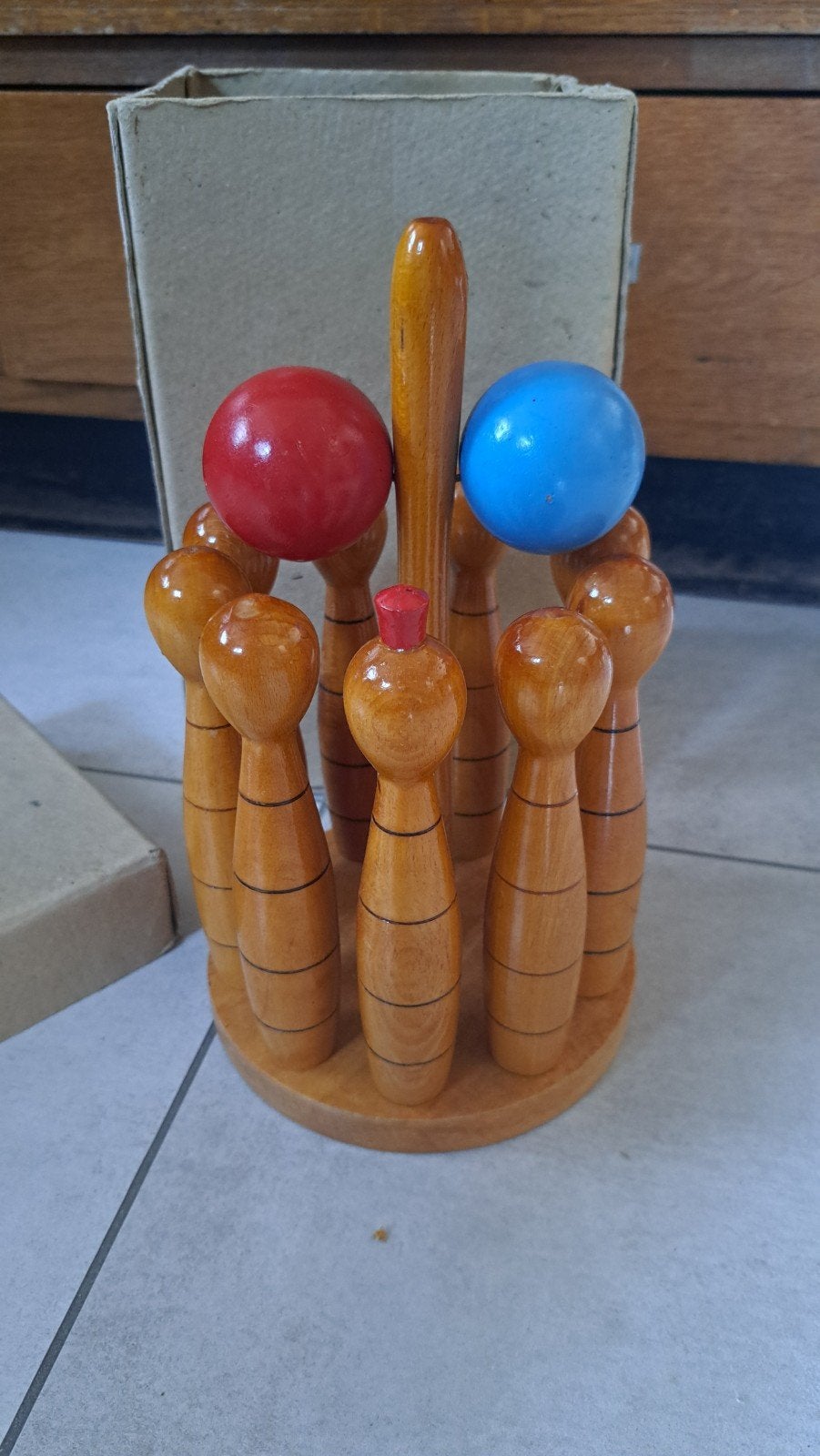 Vintage houten kegelspel met ballen in originele doos, Antiek en Kunst, Ophalen of Verzenden