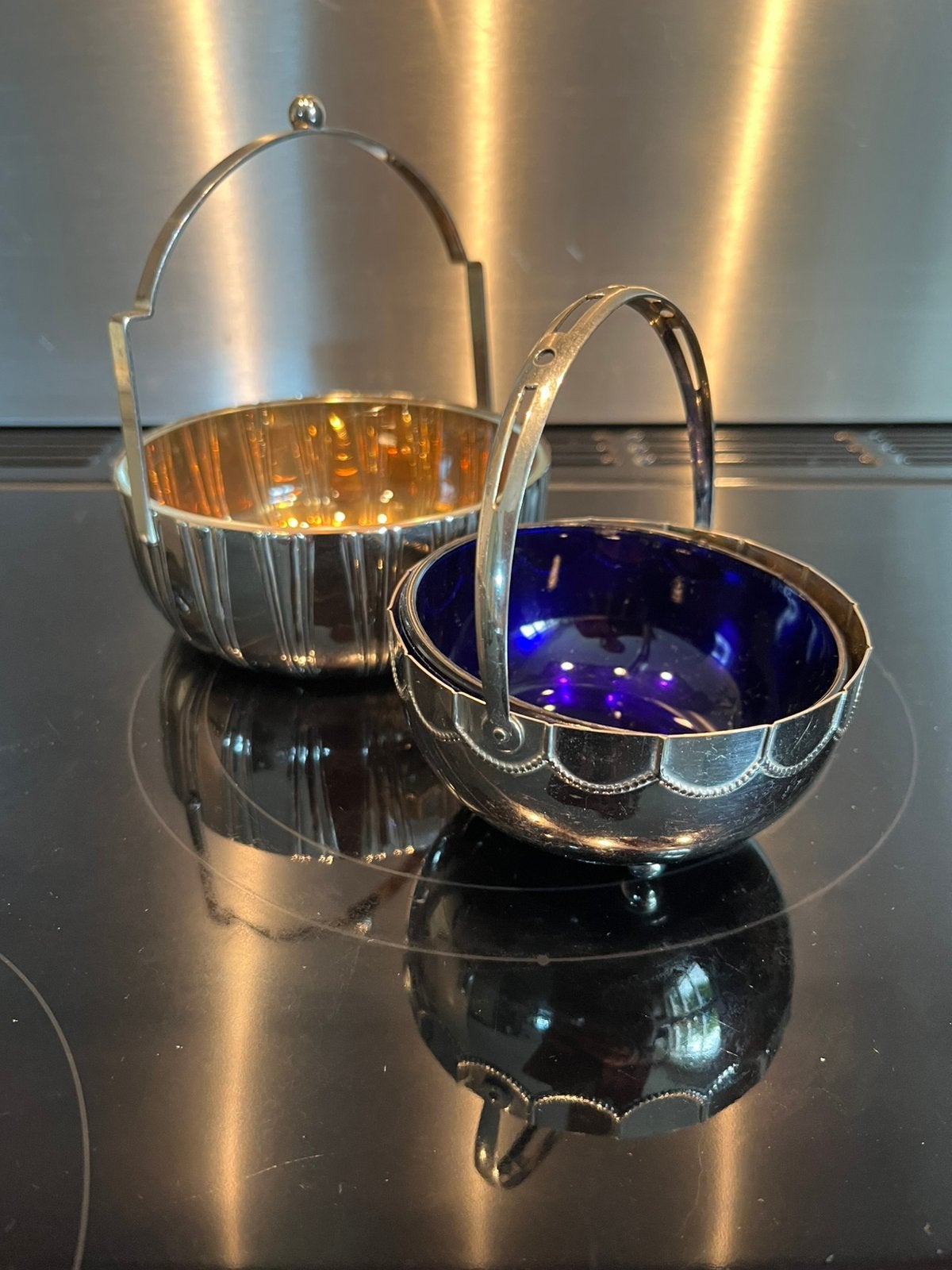 Metalen schaaltjes met blauw glas voor augurk, uitjes, Ophalen of Verzenden