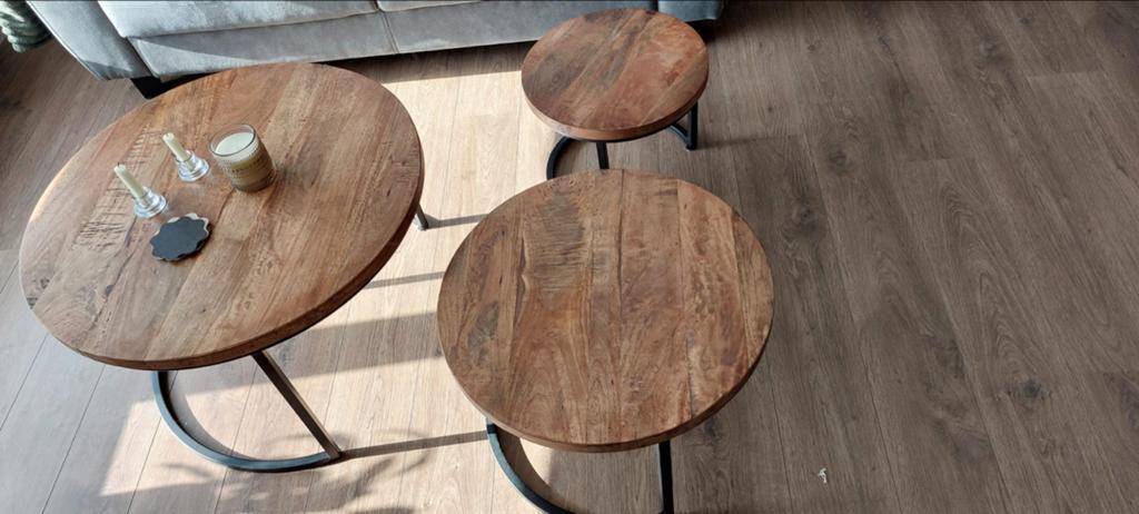 Salontafel set van 3, mangohout en metaal, Ophalen, 50 tot 75 cm, Rond, 50 tot 100 cm