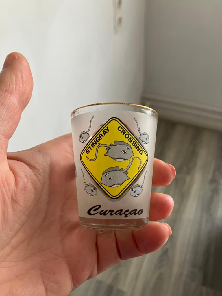 Shotglas Curaçao Stingray Crossing souvenir, Ophalen of Verzenden, Zo goed als nieuw, Meerkleurig, Glas