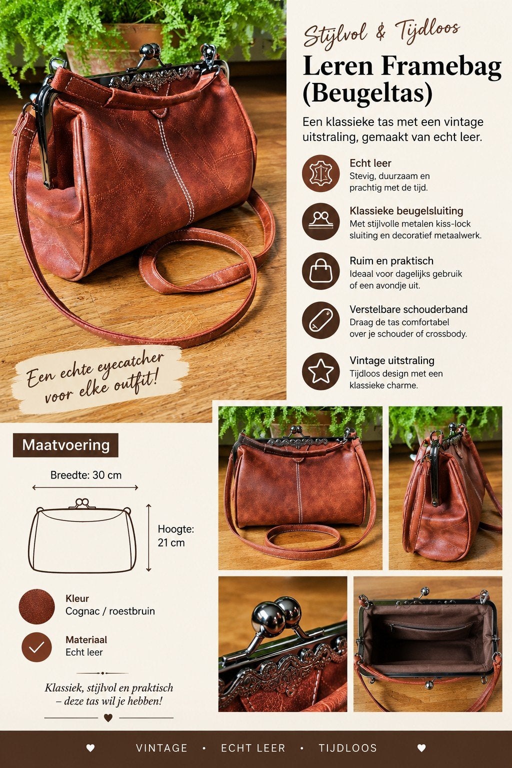 Frame handtas,  kiss-lock bag, vintage leren frame tas., Sieraden, Tassen en Uiterlijk, Bruin, Minder dan 40 cm, Ophalen of Verzenden