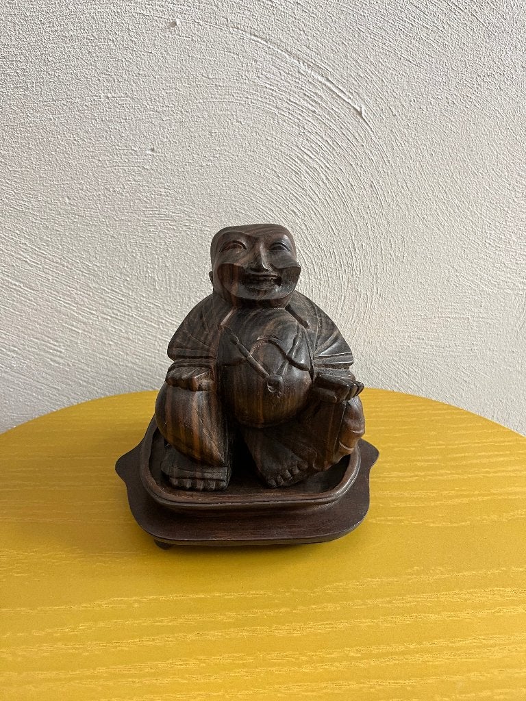 Vintage handgesneden houten Budai – lachende Boeddha, Gebruikt, 15 cm, Ophalen of Verzenden, Hout