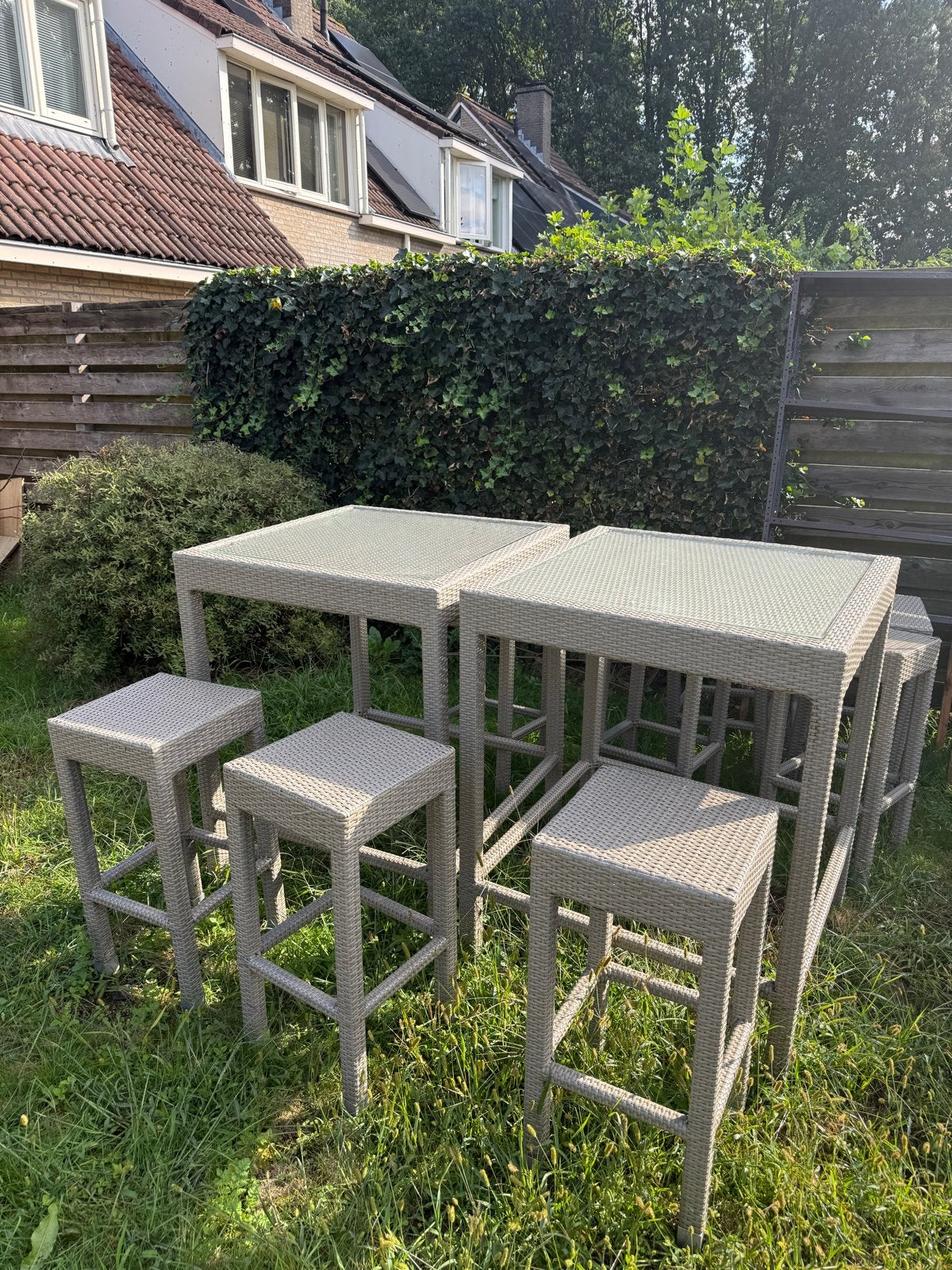Wicker bartafel met 6 krukken - Tuinset, Ophalen, 4 zitplaatsen, Gebruikt, Eettafel