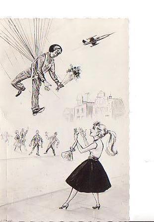 Ansichtkaart	Militair - Parachutist, Verzenden, 1940 tot 1960, Gelopen, Overige thema's