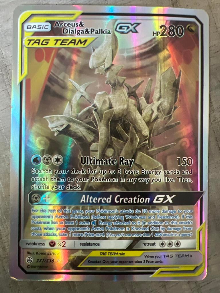Arceus & Dialga & Palkia GX TAG TEAM Pokémon kaart, Ophalen of Verzenden, Zo goed als nieuw, Losse kaart, Foil