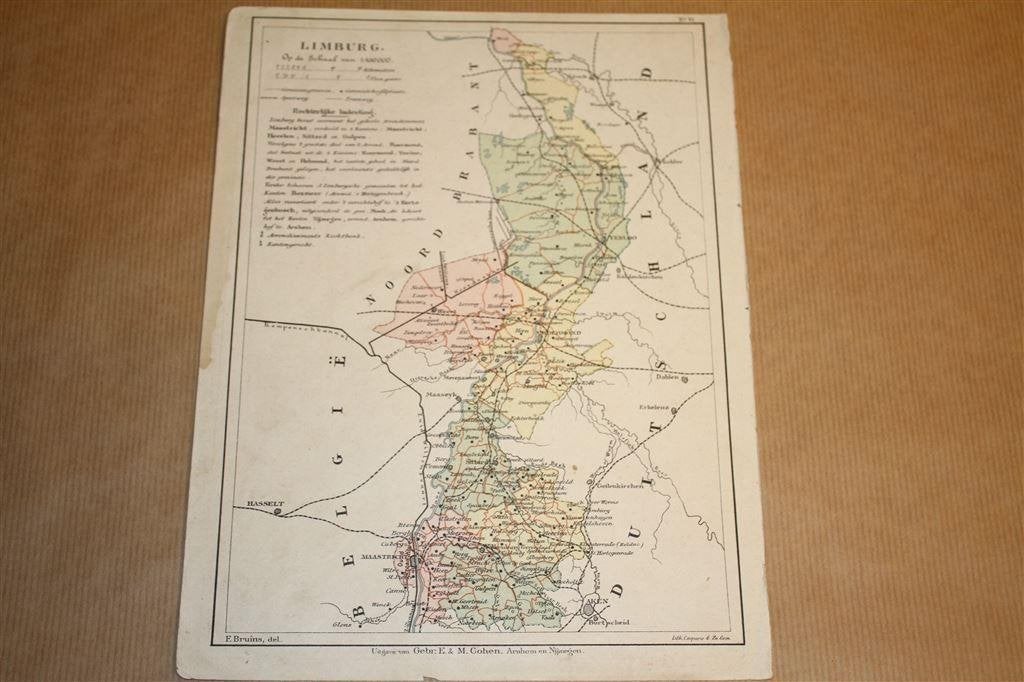 Antieke provinciekaart - Limburg - Bruins 1895 !!, Boeken, Atlassen en Landkaarten, Gelezen, Ophalen of Verzenden, Landkaart, 1800 tot 2000