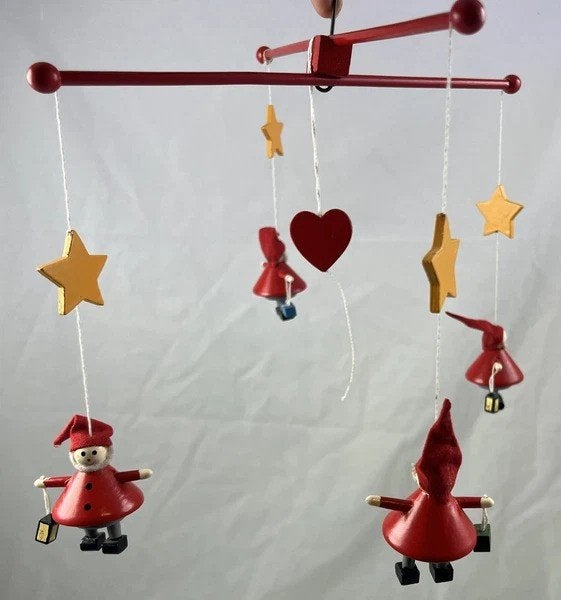 Houten Mobiel Kerstmis Vintage Kabouter Rood Goud Ster