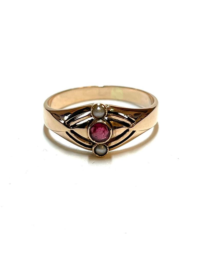 14k roségouden ring met een robijn en zaadparels, Sieraden, Tassen en Uiterlijk, Ringen, Met edelsteen, -, -, Ophalen of Verzenden