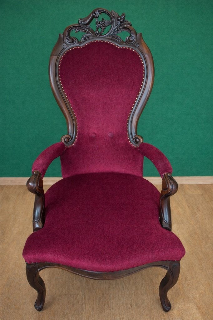 Antieke Victoriaanse fauteuil – massief hout – bordeauxrood, Ophalen