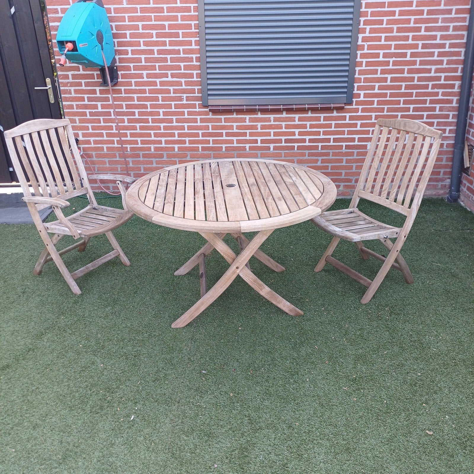 Te koop Teak klaptafel met 2 klapstoelen, Ophalen, Teakhout
