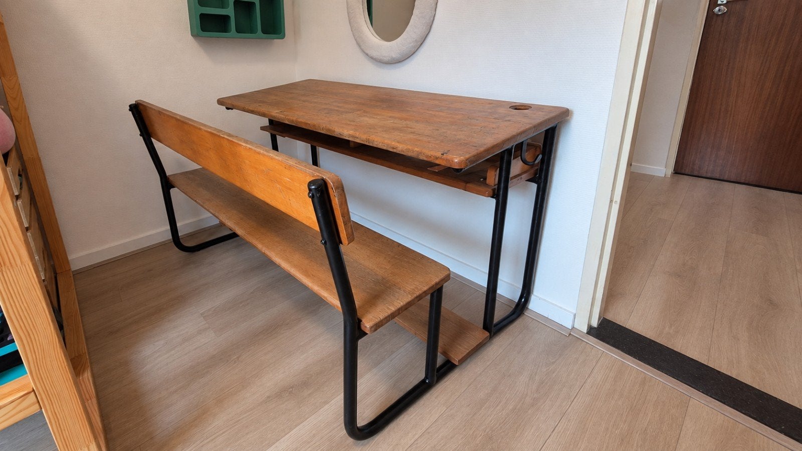 Origineel Belgisch schoolbank - Vintage houten bureau, Ophalen