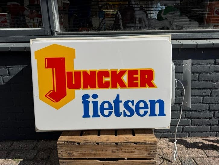 Vintage Juncker Fietsen Lichtbak Reclamebord, Gebruikt, ., Lichtbak of (neon) lamp, Ophalen of Verzenden