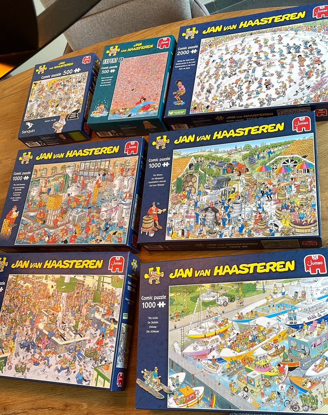 7 Jan van Haasteren puzzels, compleet en zgan, Ophalen of Verzenden, 500 t/m 1500 stukjes, Zo goed als nieuw, Legpuzzel