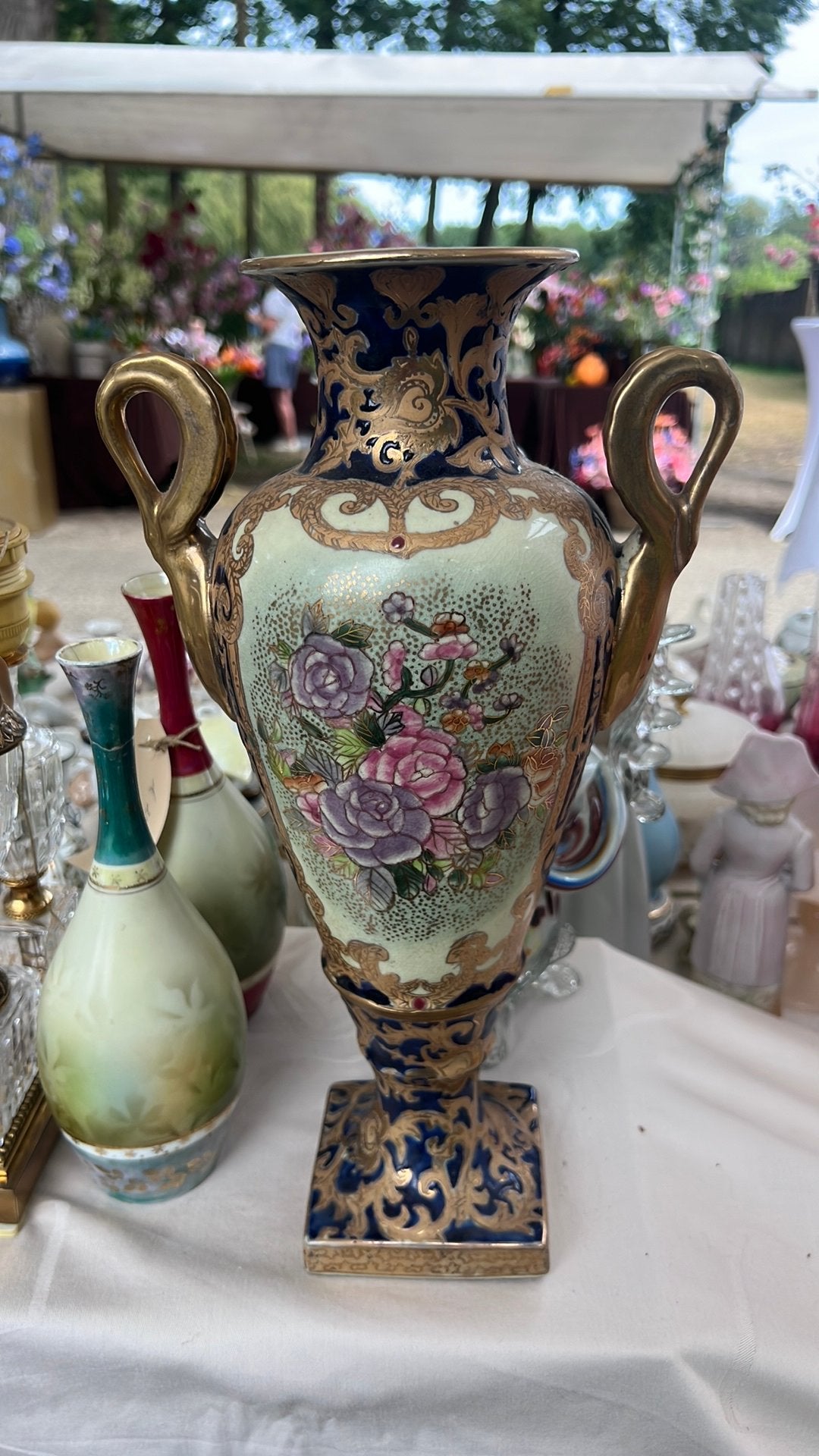 Grote antieke porseleinen siervaas met bloemendecor – 32 cm, Ophalen of Verzenden
