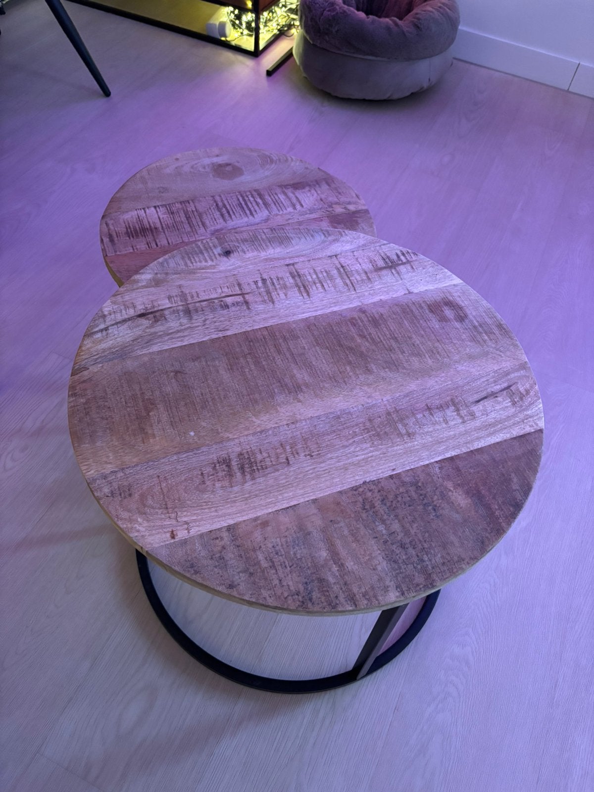 Set van 2 ronde salontafels, mangohout en metaal, Ophalen, Rond, 50 tot 100 cm, Zo goed als nieuw