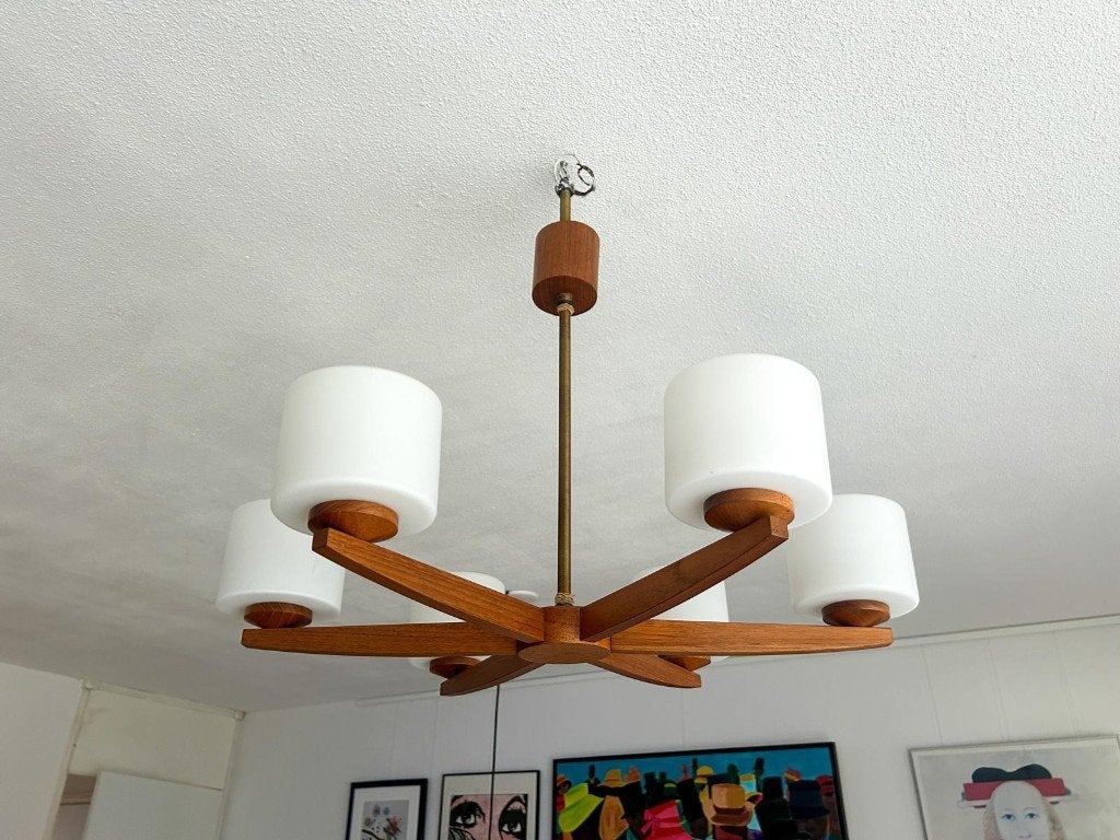 Vintage Mid Century Modern teak hanglamp groot teak melkglas, Ophalen, Gebruikt, E27 (groot), Mid Century Modern