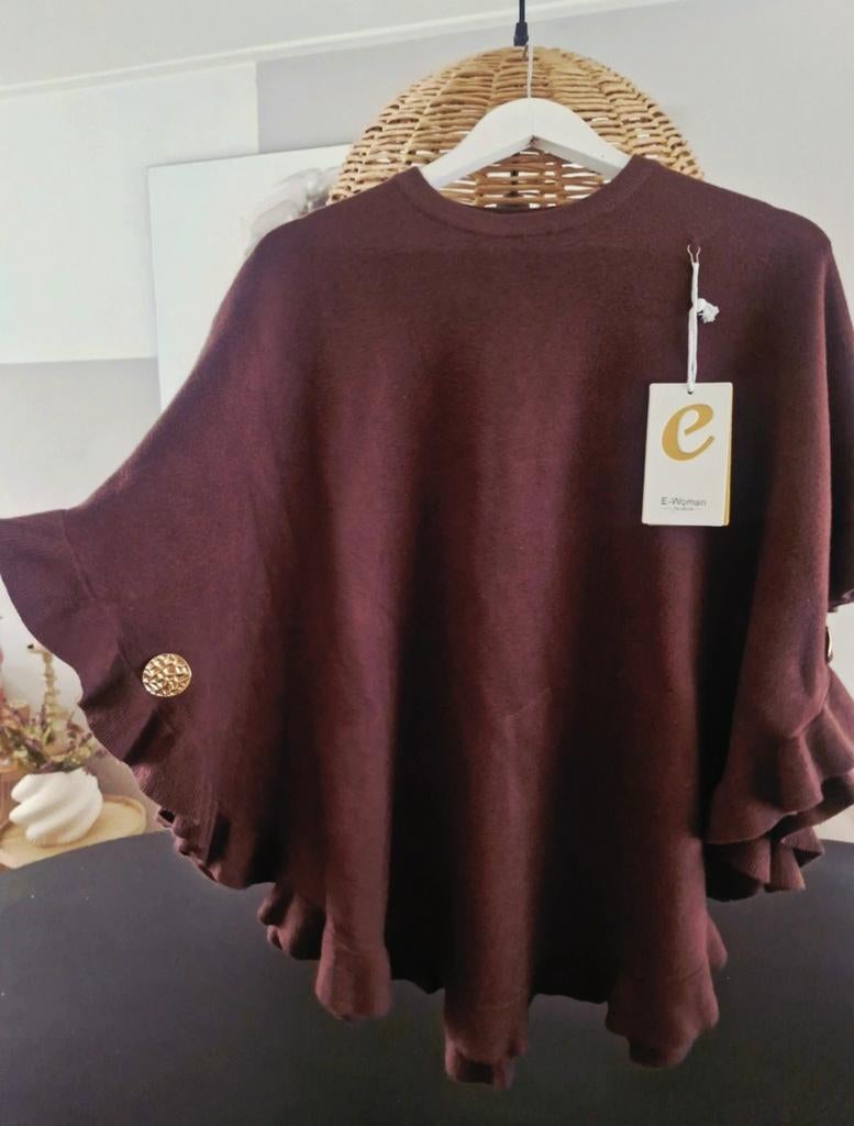 E-Woman Poncho Trui met Ruches en Gouden Knopen, E-Woman, Ophalen of Verzenden, Nieuw, Bruin
