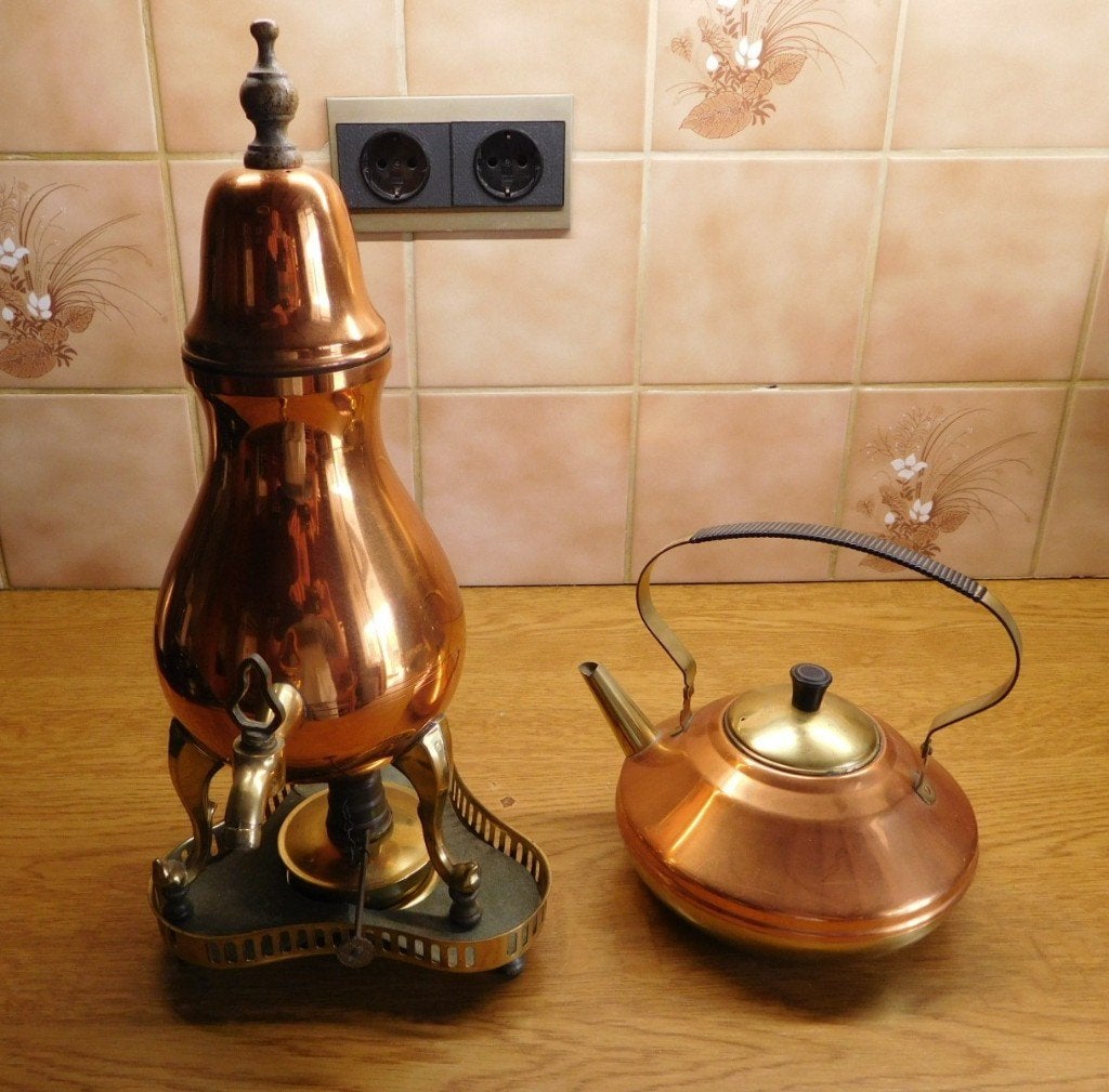 koperen koffiepot en waterkoker met warmhouder, Ophalen of Verzenden