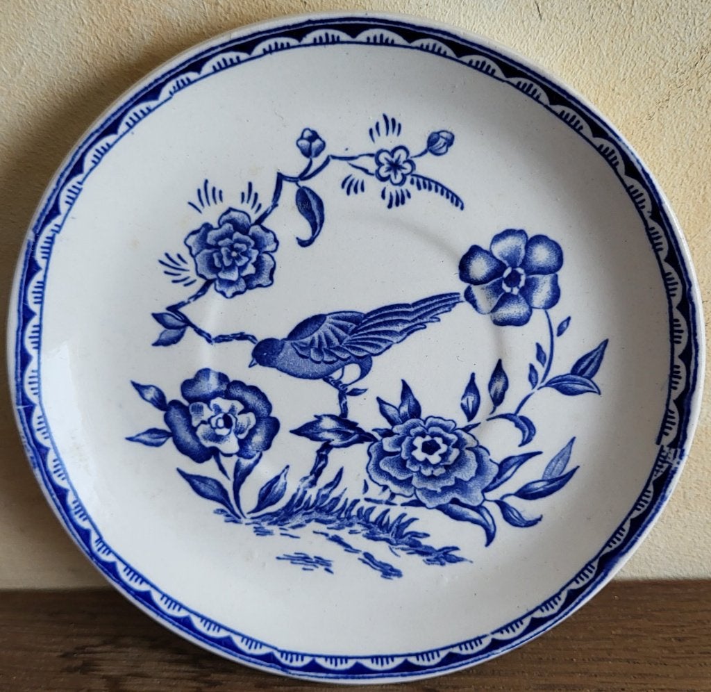BOCH La Louvière ondertas blauw/wit, vogel + bloemen 1920, Antiek en Kunst, Ophalen of Verzenden